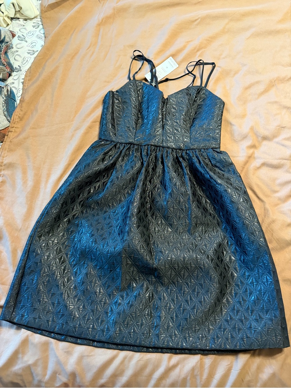 BCBGeneration Black Textured Fit-and-Flare Spaghetti Strap Dress